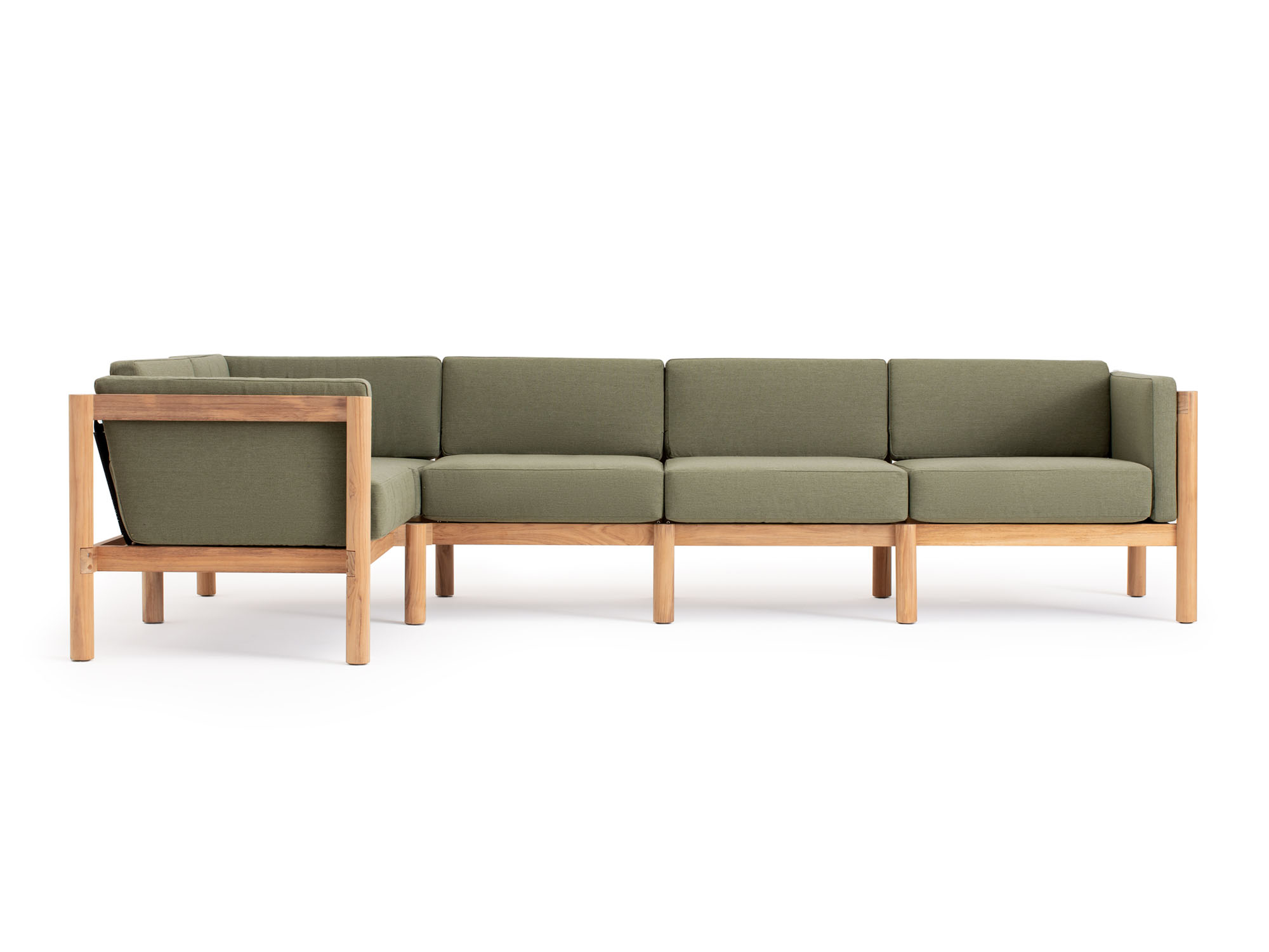 Front view of 5-piece outdoor sofa with green arm cushions